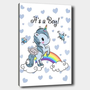 Canvastavla 70x100 cm - Söt enhörning som står på en regnbåge omgiven av moln och fjärilar - Ljusblå / Regnbågsfärger / Vit - Inredning - Tavlor & posters - Canvastavla