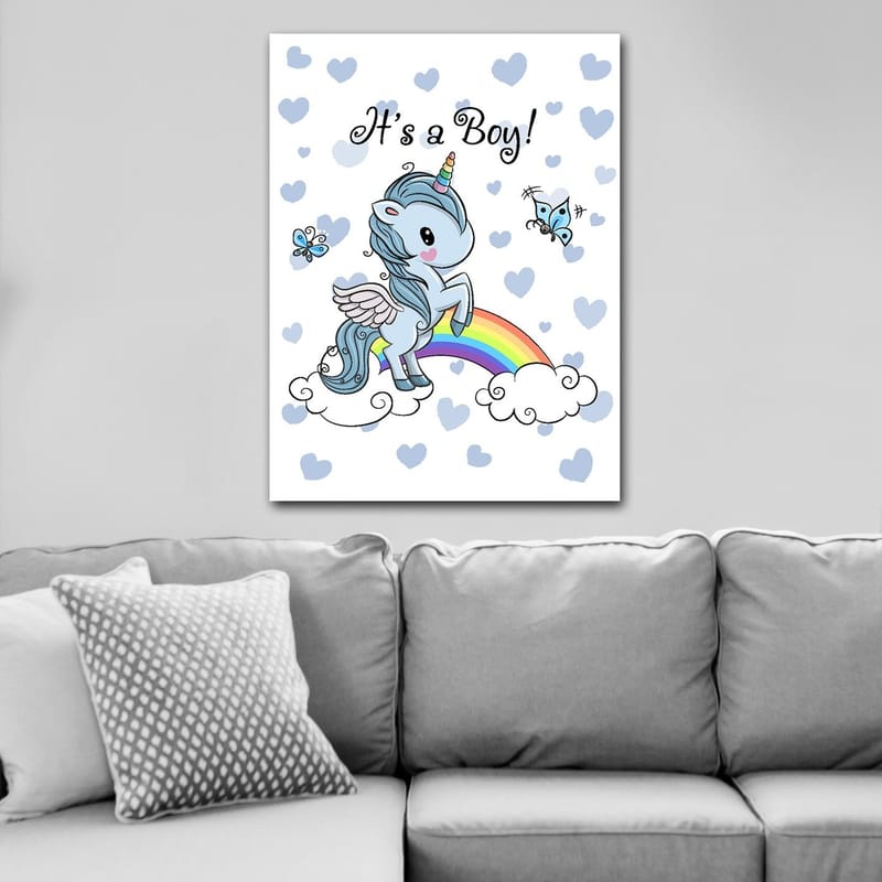 Canvastavla 70x100 cm - Söt enhörning som står på en regnbåge omgiven av moln och fjärilar - Ljusblå / Regnbågsfärger / Vit - Inredning - Tavlor & posters - Canvastavla
