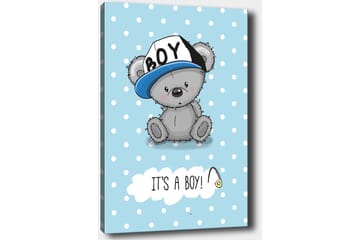 Canvastavla 70x100 cm - Söt grå björn med en blå keps som sitter på en ljusblå bakgrund med vita prickar - Blå / Grå - Inredning - Tavlor & posters - Canvastavla