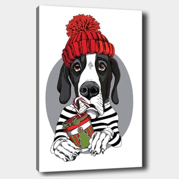 Canvastavla 70x100 cm - Söt hund i en röd mössa som håller en julklapp med en godisstång - Röd / Svart / Grön - Inredning - Tavlor & posters - Canvastavla