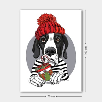 Canvastavla 70x100 cm - Söt hund i en röd mössa som håller en julklapp med en godisstång - Röd / Svart / Grön - Inredning - Tavlor & posters - Canvastavla