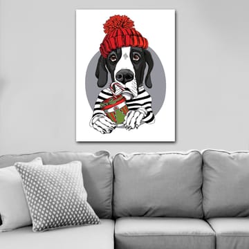 Canvastavla 70x100 cm - Söt hund i en röd mössa som håller en julklapp med en godisstång - Röd / Svart / Grön - Inredning - Tavlor & posters - Canvastavla