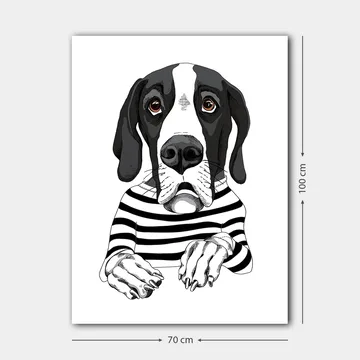 Canvastavla 70x100 cm - Söt hund i randig tröja som ser nyfiken ut - Svart / Vit / Brun - Inredning - Tavlor & posters - Canvastavla