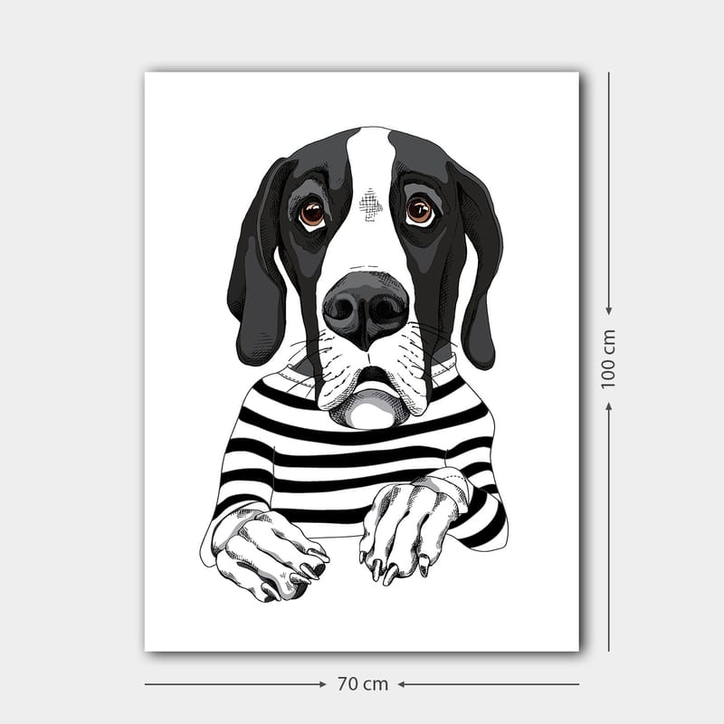 Canvastavla 70x100 cm - Söt hund i randig tröja som ser nyfiken ut - Svart / Vit / Brun - Inredning - Tavlor & posters - Canvastavla