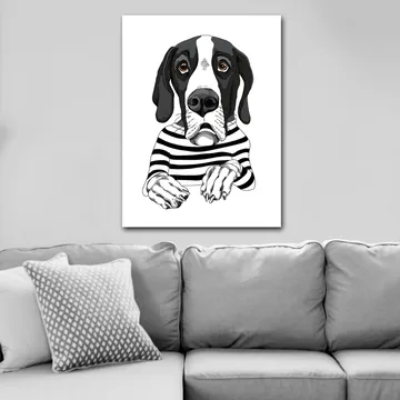 Canvastavla 70x100 cm - Söt hund i randig tröja som ser nyfiken ut - Svart / Vit / Brun - Inredning - Tavlor & posters - Canvastavla