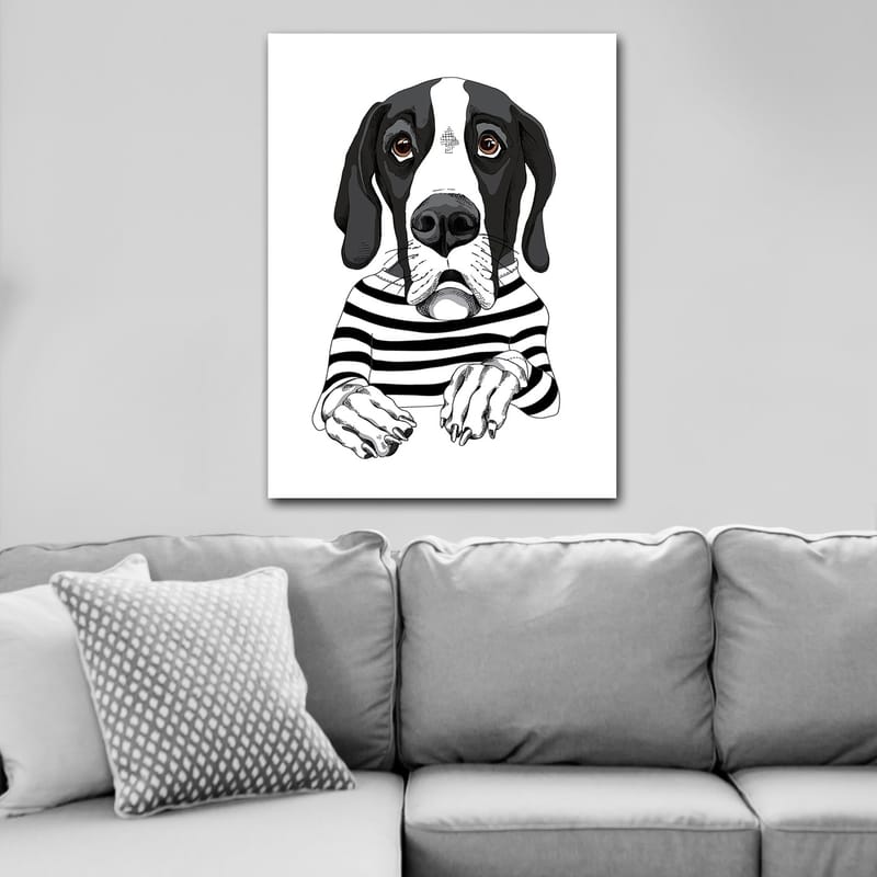 Canvastavla 70x100 cm - Söt hund i randig tröja som ser nyfiken ut - Svart / Vit / Brun - Inredning - Tavlor & posters - Canvastavla