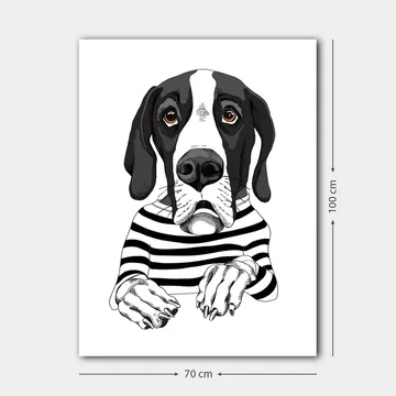 Canvastavla 70x100 cm - Söt hund i randig tröja som ser nyfiken ut - Svart / Vit / Brun - Inredning - Tavlor & posters - Canvastavla