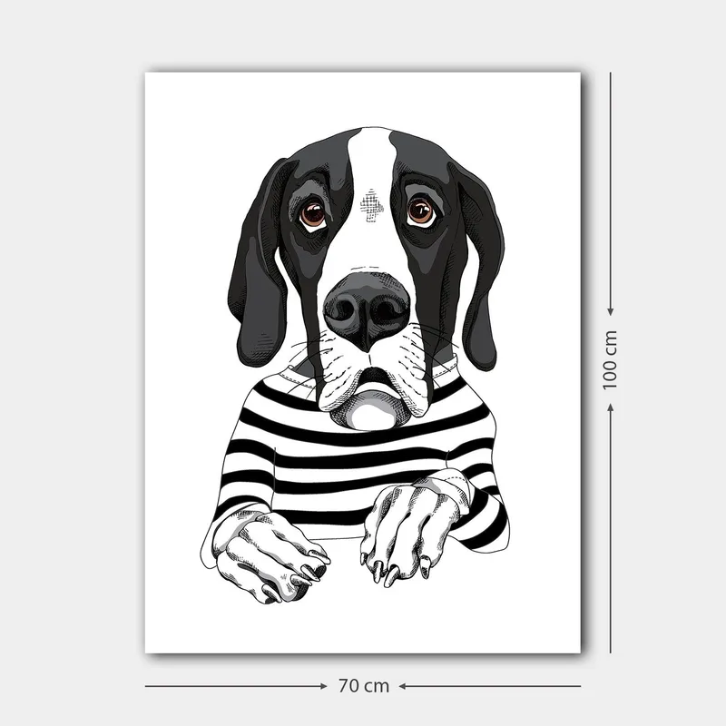 Canvastavla 70x100 cm - Söt hund i randig tröja som ser nyfiken ut - Svart / Vit / Brun - Inredning - Tavlor & posters - Canvastavla