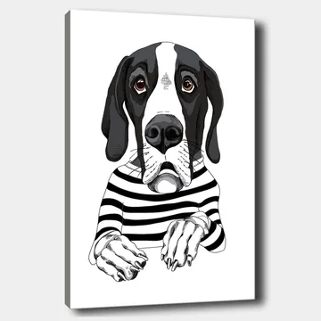 Canvastavla 70x100 cm - Söt hund i randig tröja som ser nyfiken ut - Svart / Vit / Brun - Inredning - Tavlor & posters - Canvastavla