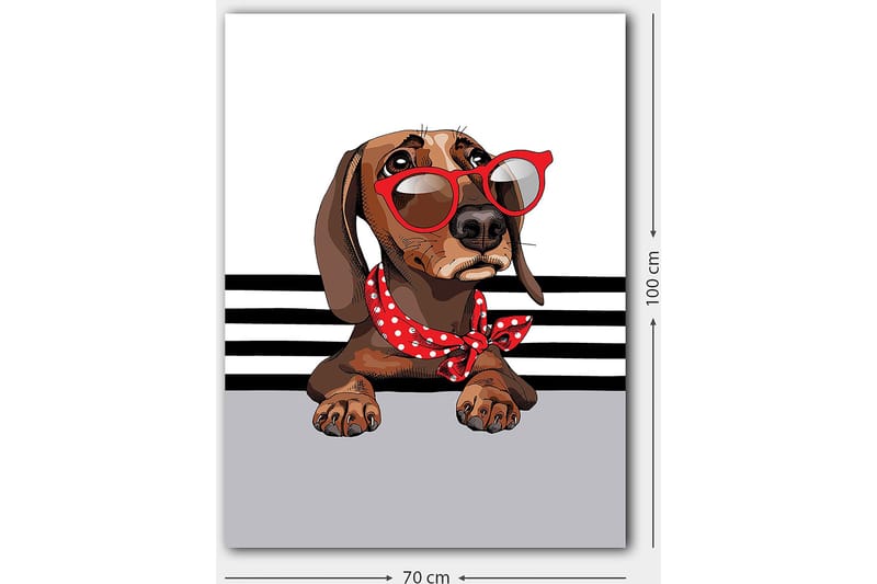 Canvastavla 70x100 cm - Söt hund med solglasögon och en röd prickig scarf - Brun / Röd / Grå - Inredning - Tavlor & posters - Canvastavla