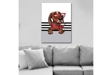 Canvastavla 70x100 cm - Söt hund med solglasögon och en röd prickig scarf - Brun / Röd / Grå - Inredning - Tavlor & posters - Canvastavla