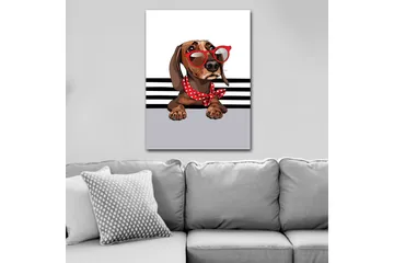 Canvastavla 70x100 cm - Söt hund med solglasögon och en röd prickig scarf - Brun / Röd / Grå - Inredning - Tavlor & posters - Canvastavla