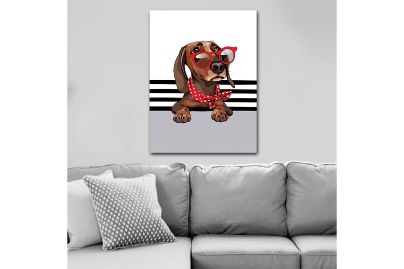 Canvastavla 70x100 cm - Söt hund med solglasögon och en röd prickig scarf, Brun / Röd / Grå