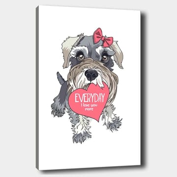 Canvastavla 70x100 cm - Söt hund som håller ett hjärta med texten EVERYDAY I love you more - Grå / Rosa / Vit - Inredning - Tavlor & posters - Canvastavla
