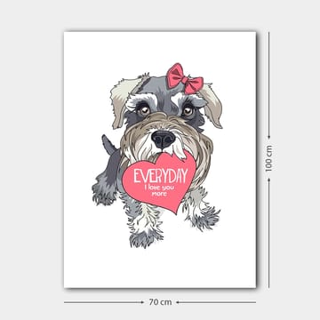 Canvastavla 70x100 cm - Söt hund som håller ett hjärta med texten EVERYDAY I love you more - Grå / Rosa / Vit - Inredning - Tavlor & posters - Canvastavla