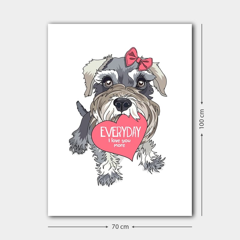 Canvastavla 70x100 cm - Söt hund som håller ett hjärta med texten EVERYDAY I love you more - Grå / Rosa / Vit - Inredning - Tavlor & posters - Canvastavla