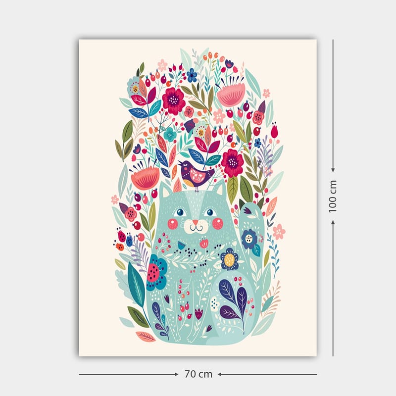Canvastavla 70x100 cm - Söt katt omgiven av färgglada blommor och växter - Mintgrön / Mörkblå / Rosa - Inredning - Tavlor & posters - Canvastavla