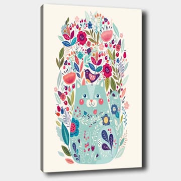 Canvastavla 70x100 cm - Söt katt omgiven av färgglada blommor och växter - Mintgrön / Mörkblå / Rosa - Inredning - Tavlor & posters - Canvastavla