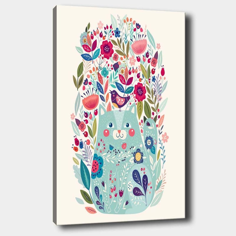 Canvastavla 70x100 cm - Söt katt omgiven av färgglada blommor och växter, Mintgrön / Mörkblå / Rosa