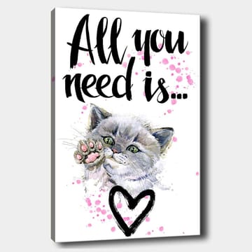 Canvastavla 70x100 cm - Söt katt som sträcker ut sin tass med en hjärtformad kontur i bakgrunden - Grå / Rosa / Grön - Inredning - Tavlor & posters - Canvastavla