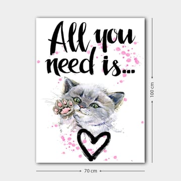 Canvastavla 70x100 cm - Söt katt som sträcker ut sin tass med en hjärtformad kontur i bakgrunden - Grå / Rosa / Grön - Inredning - Tavlor & posters - Canvastavla