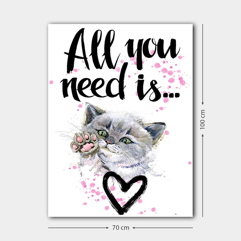 Canvastavla 70x100 cm - Söt katt som sträcker ut sin tass med en hjärtformad kontur i bakgrunden - Grå / Rosa / Grön - Inredning - Tavlor & posters - Canvastavla