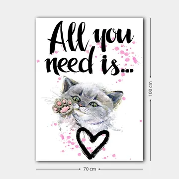 Canvastavla 70x100 cm - Söt katt som sträcker ut sin tass med en hjärtformad kontur i bakgrunden - Grå / Rosa / Grön - Inredning - Tavlor & posters - Canvastavla