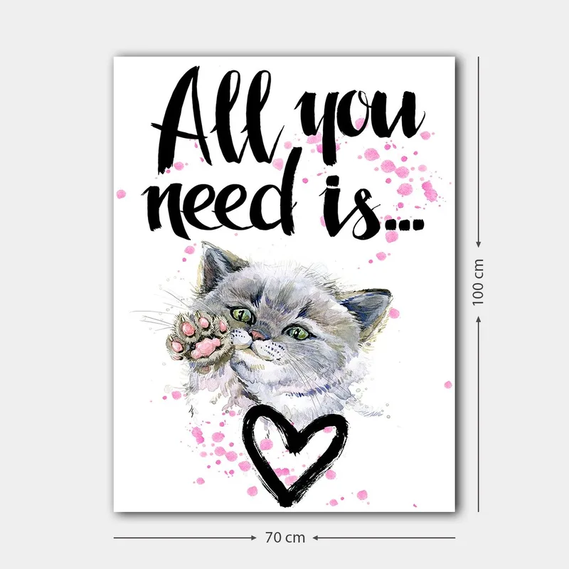 Canvastavla 70x100 cm - Söt katt som sträcker ut sin tass med en hjärtformad kontur i bakgrunden - Grå / Rosa / Grön - Inredning - Tavlor & posters - Canvastavla