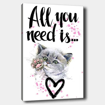 Canvastavla 70x100 cm - Söt katt som sträcker ut sin tass med en hjärtformad kontur i bakgrunden - Grå / Rosa / Grön - Inredning - Tavlor & posters - Canvastavla