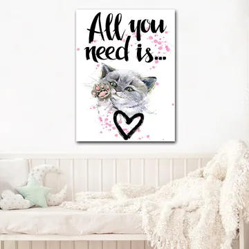 Canvastavla 70x100 cm - Söt katt som sträcker ut sin tass med en hjärtformad kontur i bakgrunden - Grå / Rosa / Grön - Inredning - Tavlor & posters - Canvastavla