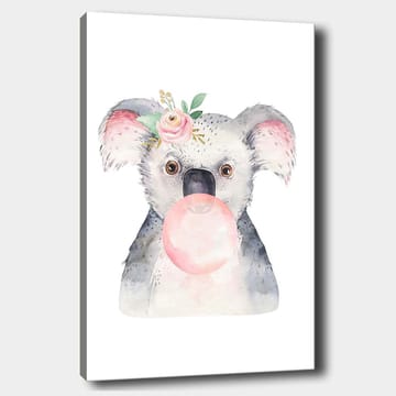 Canvastavla 70x100 cm - Söt koala som blåser bubbelgum med en blomma i örat - Grå / Rosa / Grön - Inredning - Tavlor & posters - Canvastavla