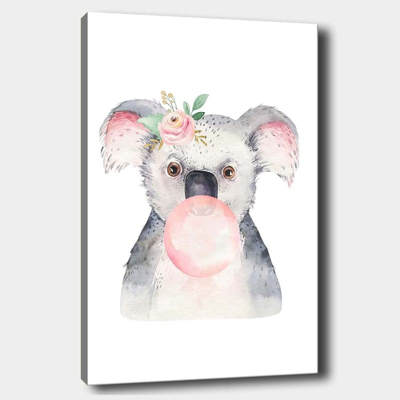 Canvastavla 70x100 cm - Söt koala som blåser bubbelgum med en blomma i örat, Grå / Rosa / Grön