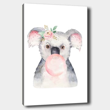 Canvastavla 70x100 cm - Söt koala som blåser bubbelgum med en blomma i örat - Grå / Rosa / Grön - Inredning - Tavlor & posters - Canvastavla