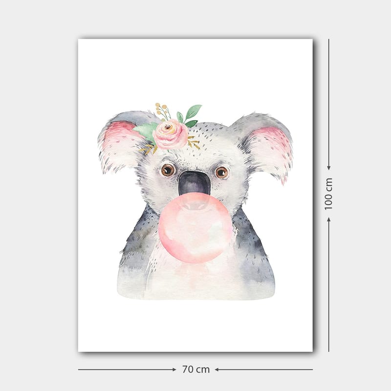 Canvastavla 70x100 cm - Söt koala som blåser bubbelgum med en blomma i örat - Grå / Rosa / Grön - Inredning - Tavlor & posters - Canvastavla
