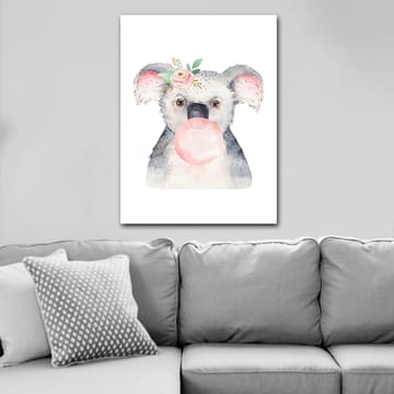 Canvastavla 70x100 cm - Söt koala som blåser bubbelgum med en blomma i örat - Grå / Rosa / Grön - Inredning - Tavlor & posters - Canvastavla