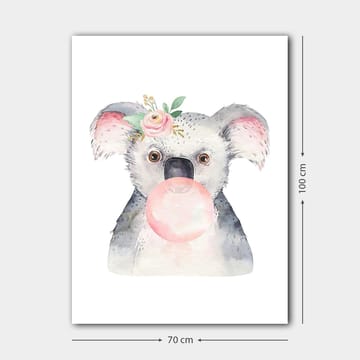 Canvastavla 70x100 cm - Söt koala som blåser bubbelgum med en blomma i örat - Grå / Rosa / Grön - Inredning - Tavlor & posters - Canvastavla