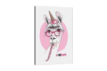 Canvastavla 70x100 cm - Söt lama med unicorn-horn och glasögon som håller i en godiskäpp - Rosa / Vit / Svart - Inredning - Tavlor & posters - Canvastavla