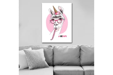 Canvastavla 70x100 cm - Söt lama med unicorn-horn och glasögon som håller i en godiskäpp - Rosa / Vit / Svart - Inredning - Tavlor & posters - Canvastavla