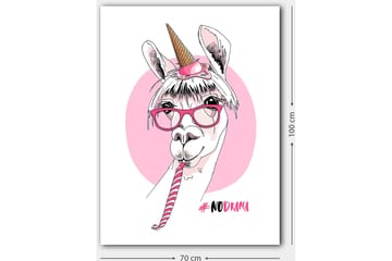 Canvastavla 70x100 cm - Söt lama med unicorn-horn och glasögon som håller i en godiskäpp - Rosa / Vit / Svart - Inredning - Tavlor & posters - Canvastavla