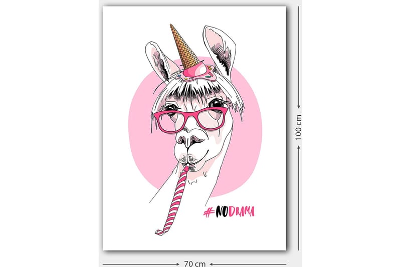 Canvastavla 70x100 cm - Söt lama med unicorn-horn och glasögon som håller i en godiskäpp - Rosa / Vit / Svart - Inredning - Tavlor & posters - Canvastavla