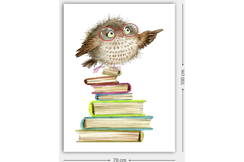 Canvastavla 70x100 cm - Söt uggla med glasögon som pekar, sittande på en hög av färgglada böcker - Brun / Grön / Blå - Inredning - Tavlor & posters - Canvastavla