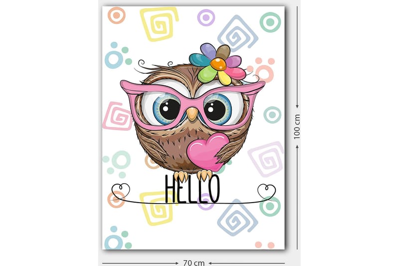 Canvastavla 70x100 cm - Söt uggla med stora ögon och färgglad blomma på huvudet - Brun / Rosa / Blå - Inredning - Tavlor & posters - Canvastavla