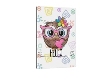 Canvastavla 70x100 cm - Söt uggla med stora ögon och färgglad blomma på huvudet - Brun / Rosa / Blå - Inredning - Tavlor & posters - Canvastavla