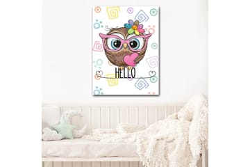 Canvastavla 70x100 cm - Söt uggla med stora ögon och färgglad blomma på huvudet - Brun / Rosa / Blå - Inredning - Tavlor & posters - Canvastavla