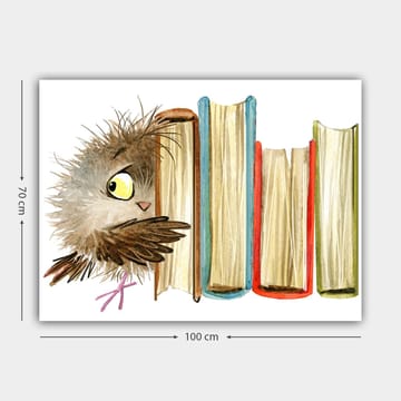 Canvastavla 70x100 cm - Söt uggla som kikar fram bakom böcker - Brun / Gul / Röd - Inredning - Tavlor & posters - Canvastavla