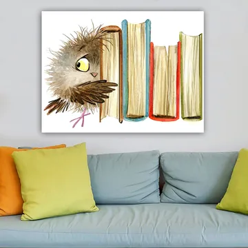 Canvastavla 70x100 cm - Söt uggla som kikar fram bakom böcker - Brun / Gul / Röd - Inredning - Tavlor & posters - Canvastavla