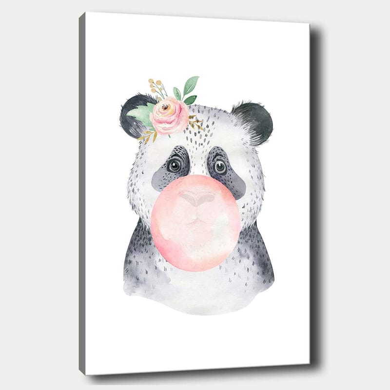 Canvastavla 70x100 cm - Söt panda som blåser bubbelgum med en blomma i örat - Grå / Rosa / Grön - Inredning - Tavlor & posters - Canvastavla