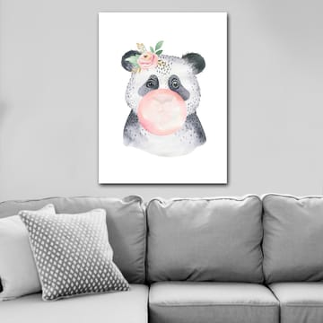 Canvastavla 70x100 cm - Söt panda som blåser bubbelgum med en blomma i örat - Grå / Rosa / Grön - Inredning - Tavlor & posters - Canvastavla