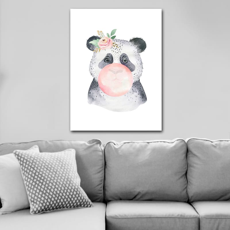Canvastavla 70x100 cm - Söt panda som blåser bubbelgum med en blomma i örat - Grå / Rosa / Grön - Inredning - Tavlor & posters - Canvastavla