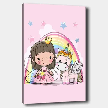 Canvastavla 70x100 cm - Söt prinsessa med en enhörning under en regnbåge - Rosa / Vit / Guld - Inredning - Tavlor & posters - Canvastavla